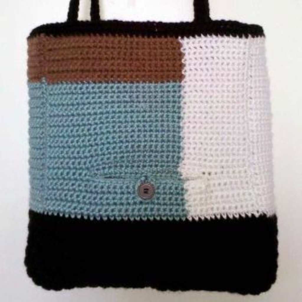 Handmade Womens Blue Crochet Handbag Tote Color Block Lined Medium Misty Jade